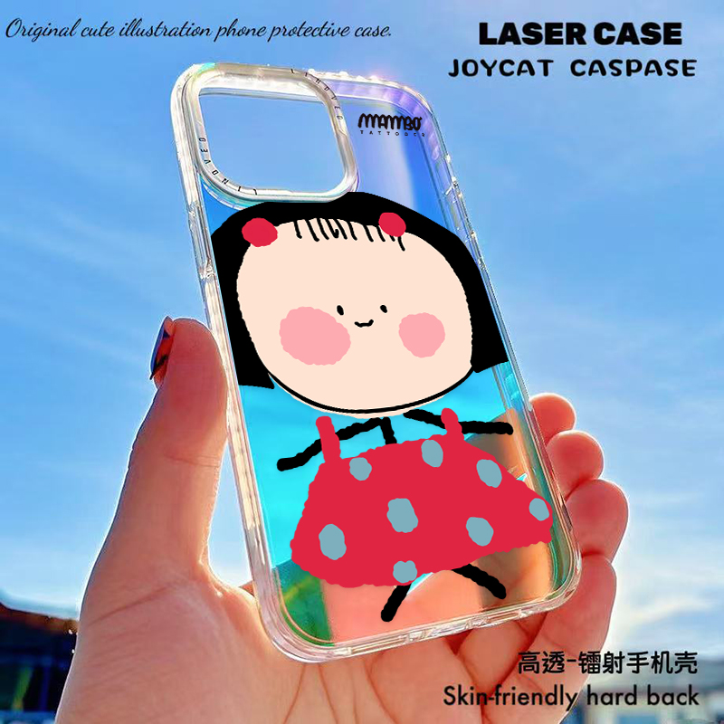 卡通透明镭射手机壳适用苹果华为vivo一加女硬壳散热磨砂防摔可爱