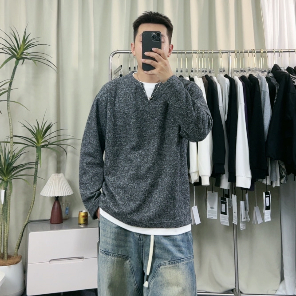 男毛绒卫衣耐磨长袖假两件宽松型套头冬季常规针织衫简约百搭时尚