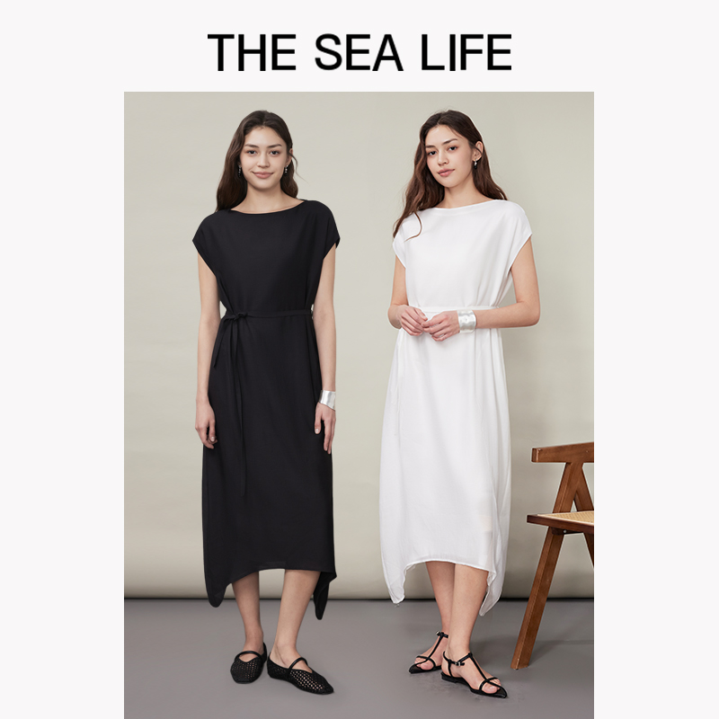 【桑蚕丝】欧海一生慵懒风连衣裙25夏气质设计感黑白长裙190272-1