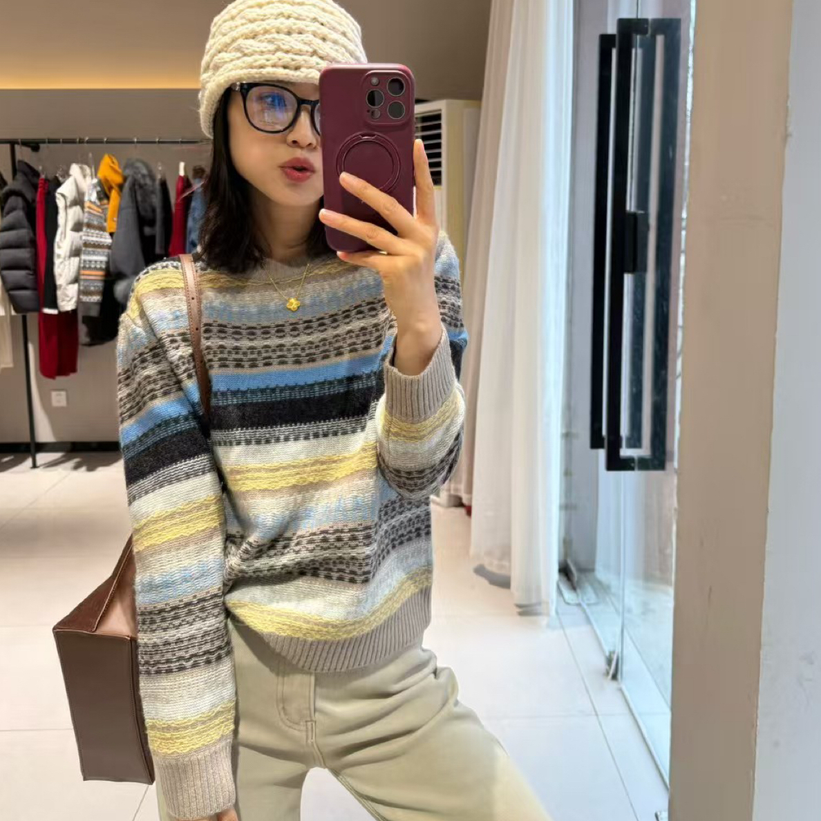 【W➕欧韩】新款慵懒风圆领拼色蓝色多色条纹全羊毛毛衣