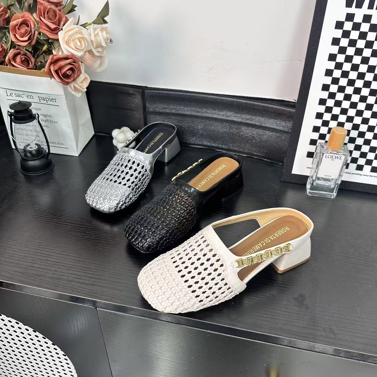 夏季新款时尚休闲女鞋气质款低跟包头编织镂空半拖6920-1