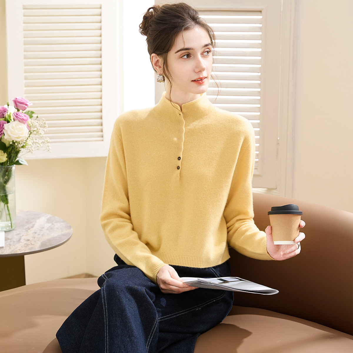 TUHUANG/兔皇羊毛羊绒软糯纯色简约排扣半高领女羊毛衫TW952951