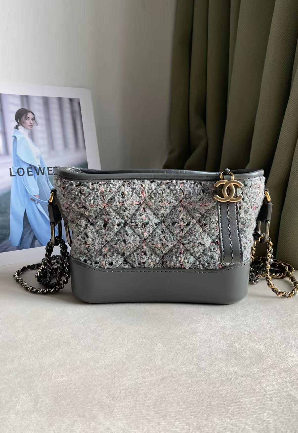 95新 Chanel/香奈儿 GGS香奈儿流浪小号灰色毛呢拼皮/72259728