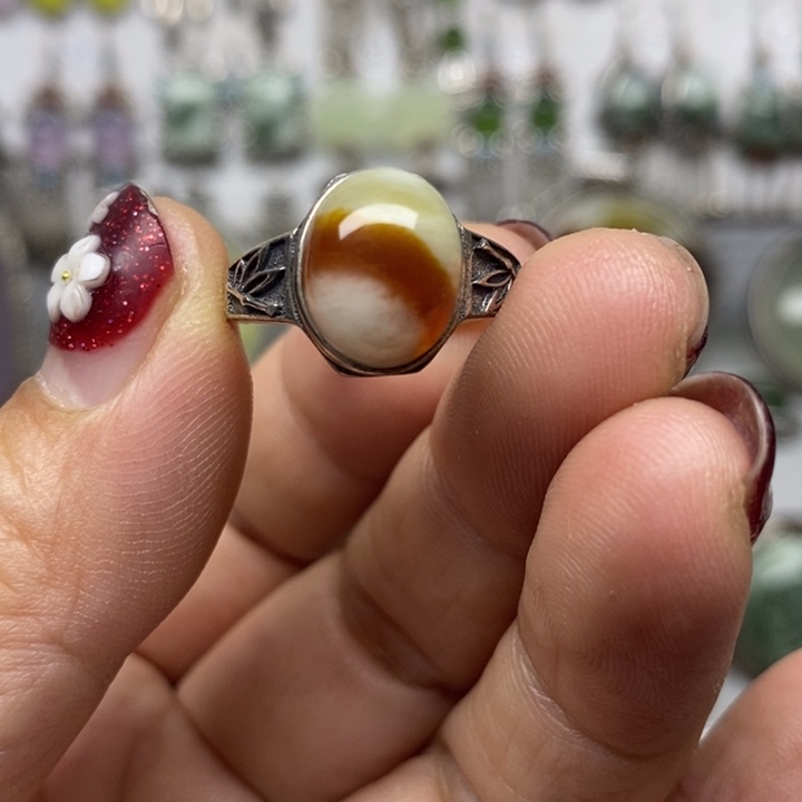 蛇纹石玉戒指银S925镶嵌