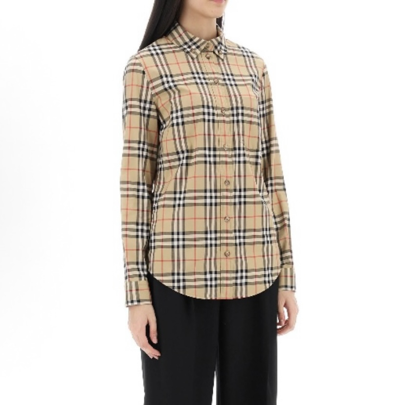 99新 BURBERRY/博柏利 1295/卡其色格纹尖领长袖衬衫/UK8码/99新