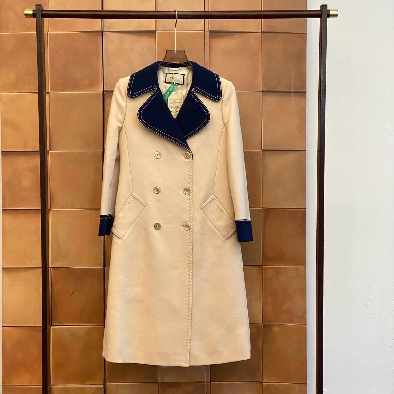 Gucci 蓝白大翻领双排扣羊毛大衣/36码/99新/29996 