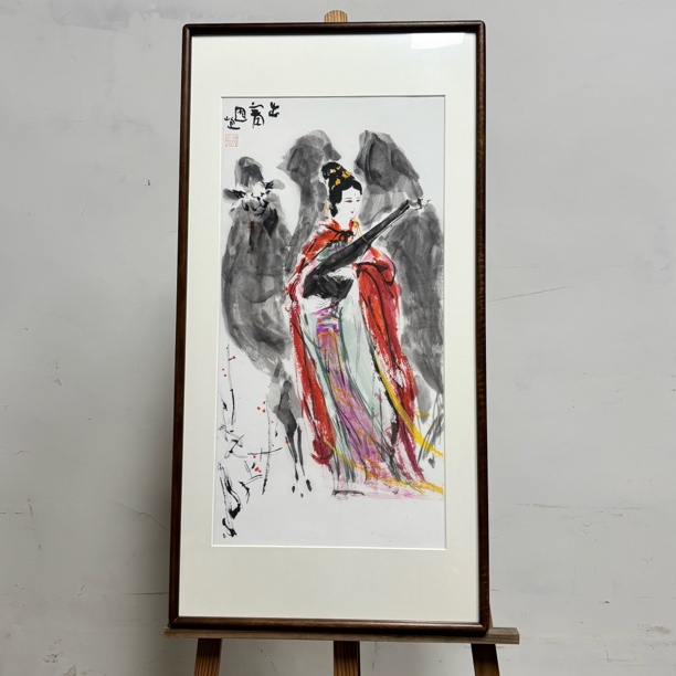 国画人物仕女图《出塞图》竖幅实木框92x47cm适合玄关书房茶室挂画