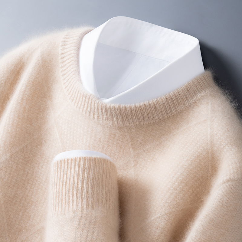 极简主义~~男士圆领菱形格羊绒衫纯色套头商务休闲打底毛衣