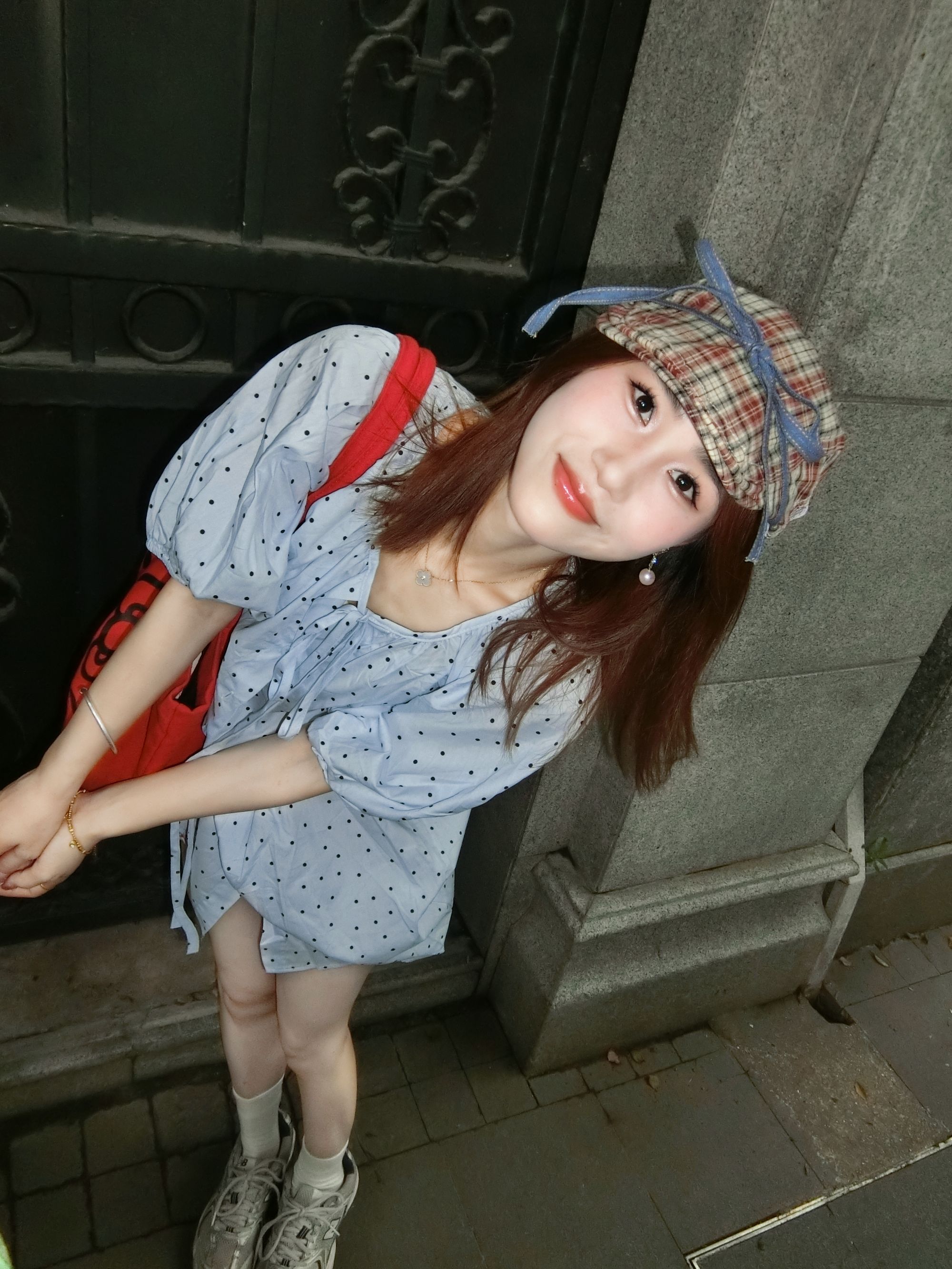 蓝色波点短袖衬衫女夏季泡泡袖娃娃衫宽松中长款上衣 均码