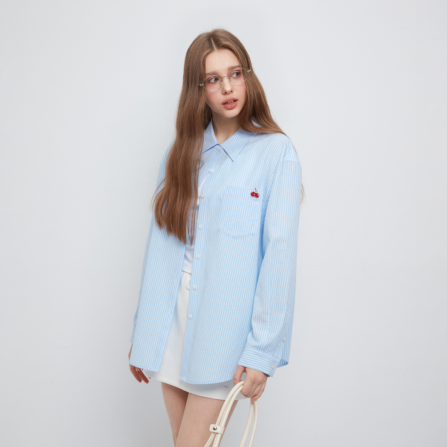 樱桃KIRSH 休闲宽松oversize肌理条纹衬衫女2025新款韩系显瘦衬衣