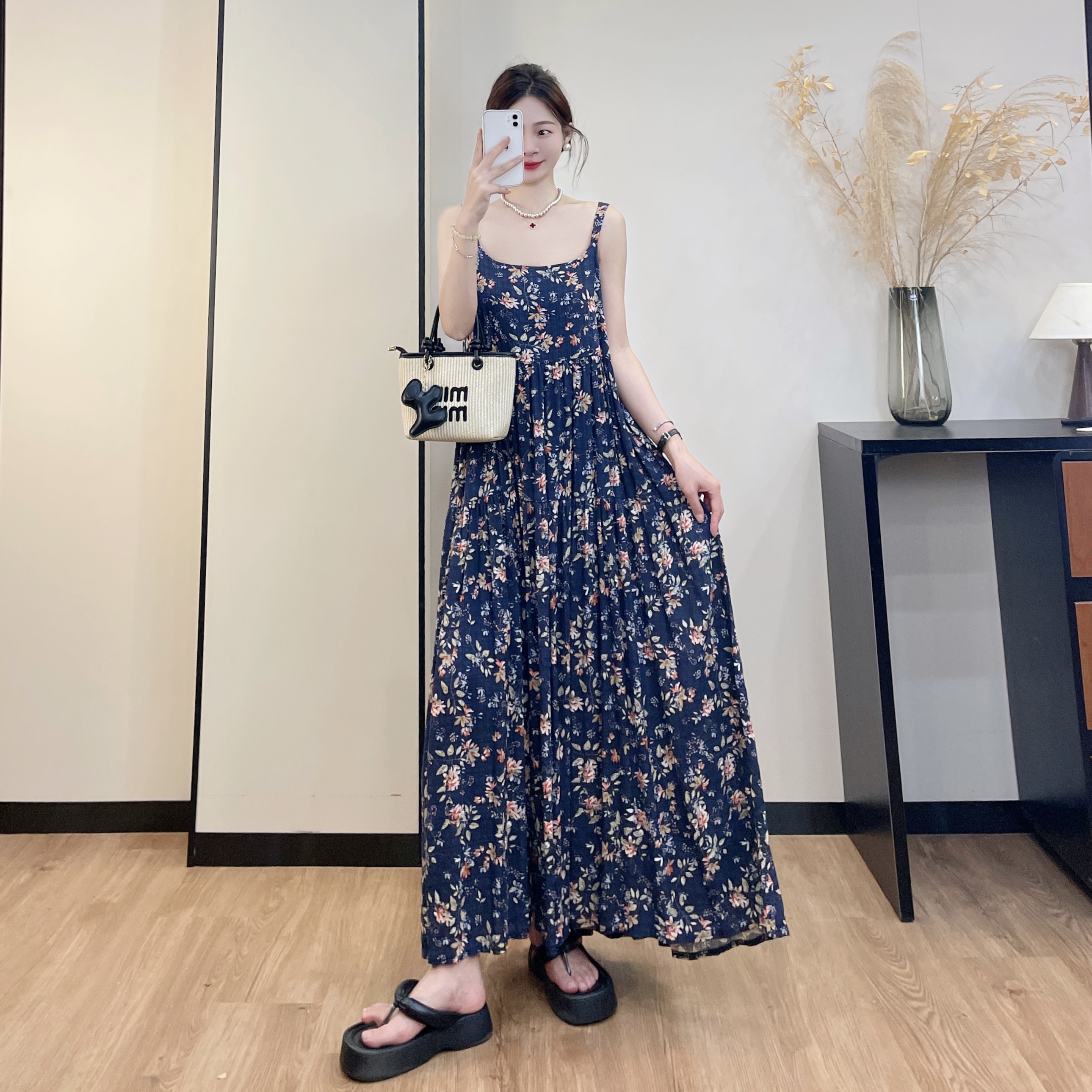 【宝石蓝】夏日碎花连衣裙a版显瘦复古田园风百搭吊带连衣裙气质