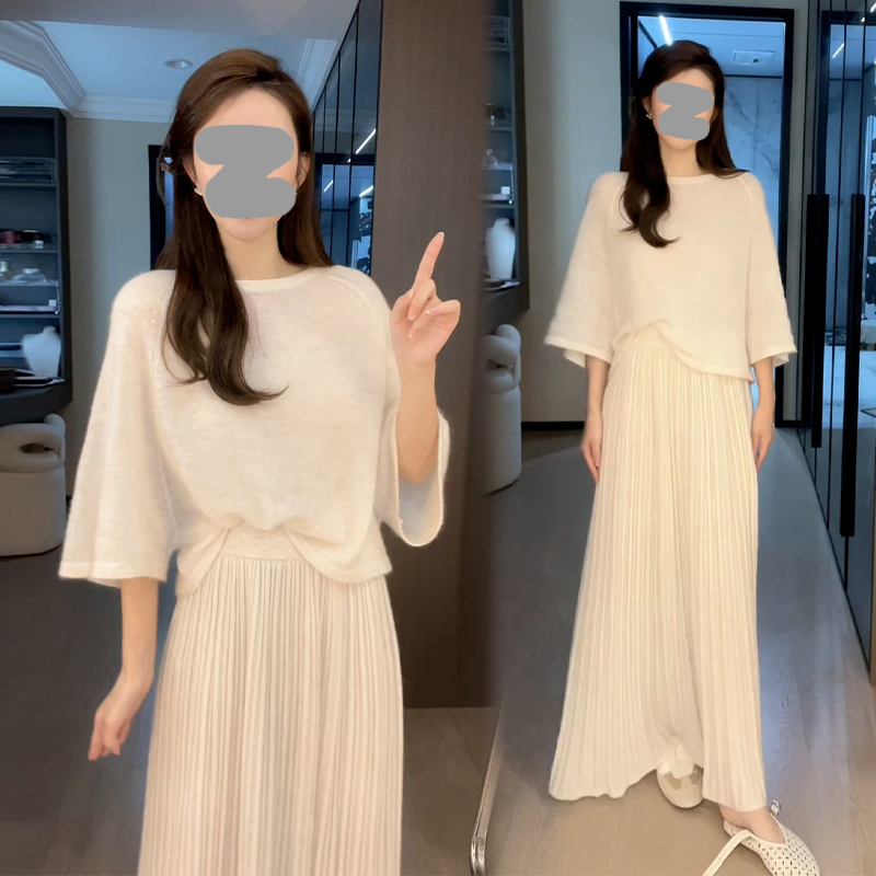 小香风气质时尚套装女2025春秋新款白色针织长袖t恤半身裙两件套