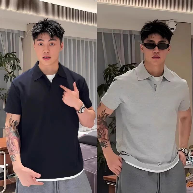 假两件亨利领polo衫短袖男夏季美式高级感重磅痞帅翻领华夫格t恤