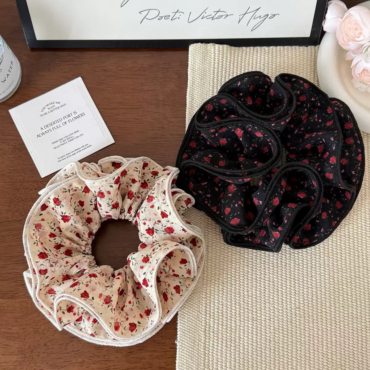 四层褶皱锁边玫瑰印花大肠发圈高级感小蛮腰简约田园气质发饰