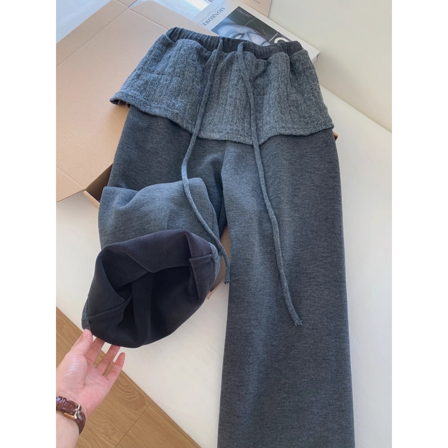韩系复古灰色假两件屁帘阔腿裤女秋冬新款加绒加厚垂感百搭休闲裤