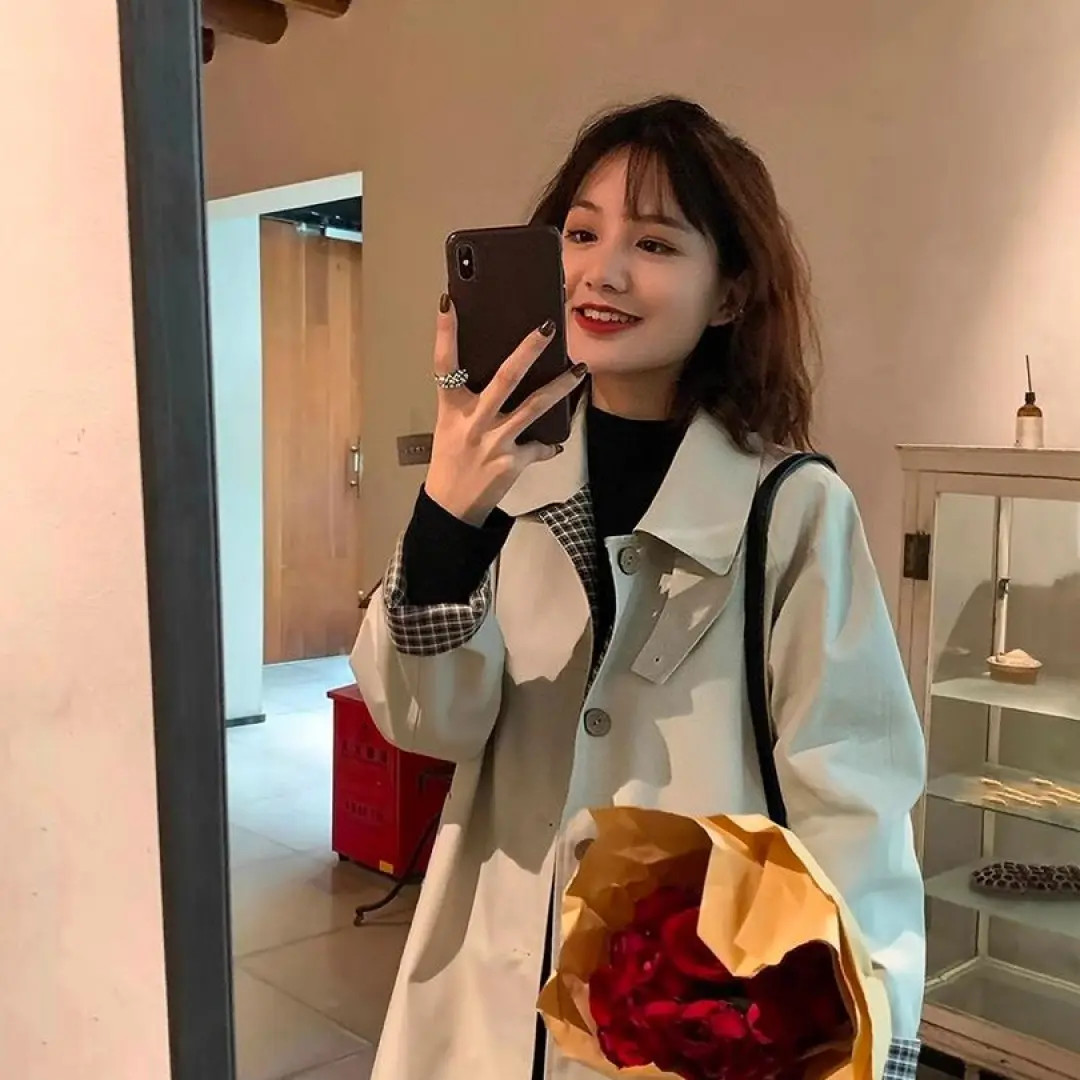 风衣外套女2025新款春秋季韩系格纹简约气质中长款小个子早秋大衣