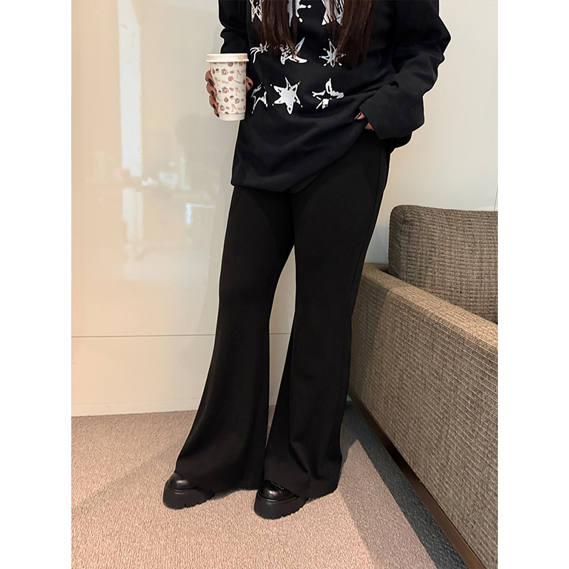 铅笔小鑫大码女装 复古高腰修饰比例 黑色绒面阔腿喇叭裤