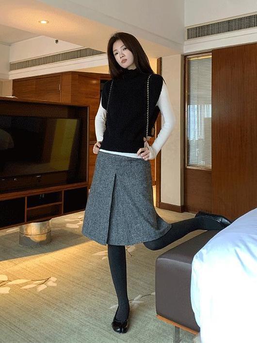 2025秋冬新款前后两穿格雷系灰色毛呢半身裙女休闲显瘦百褶A字裙