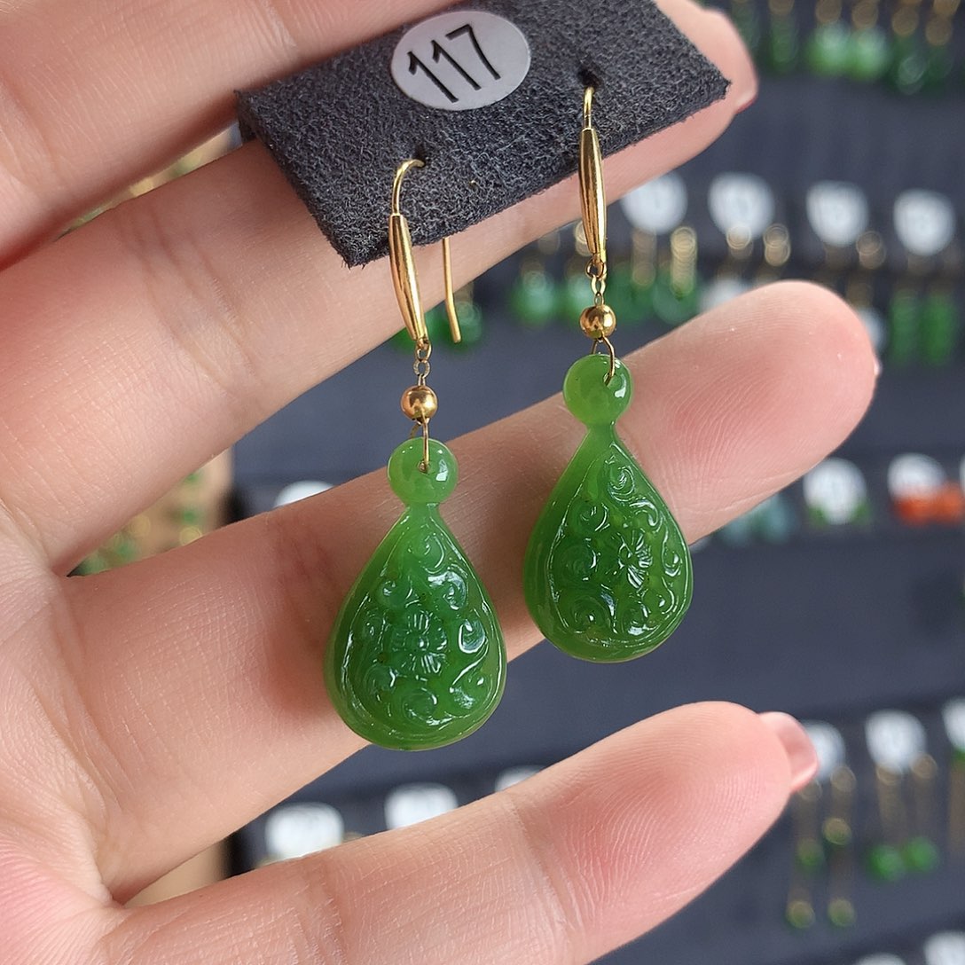 和田玉耳饰18K金镶嵌117