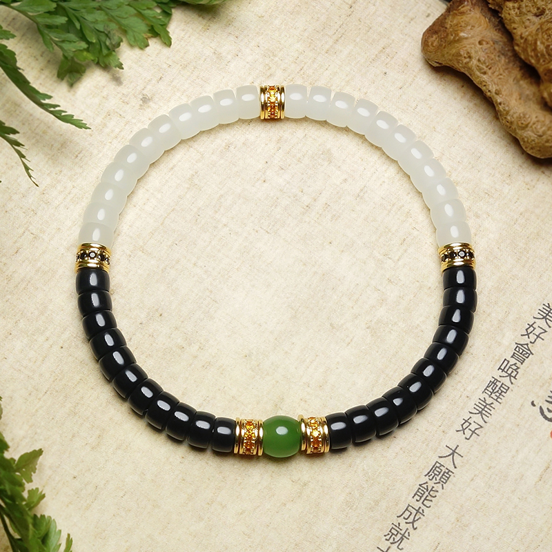 天然和田玉墨玉直切卡6双拼色手串