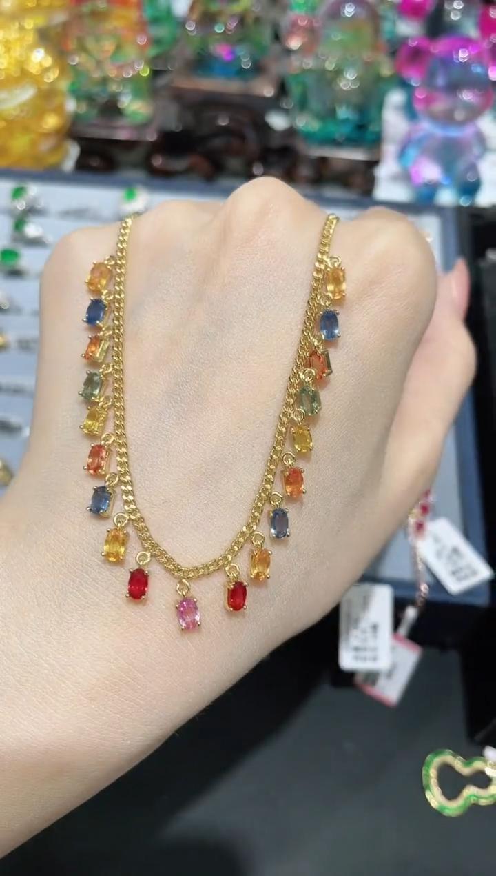 S925银镶嵌彩色蓝宝石项链