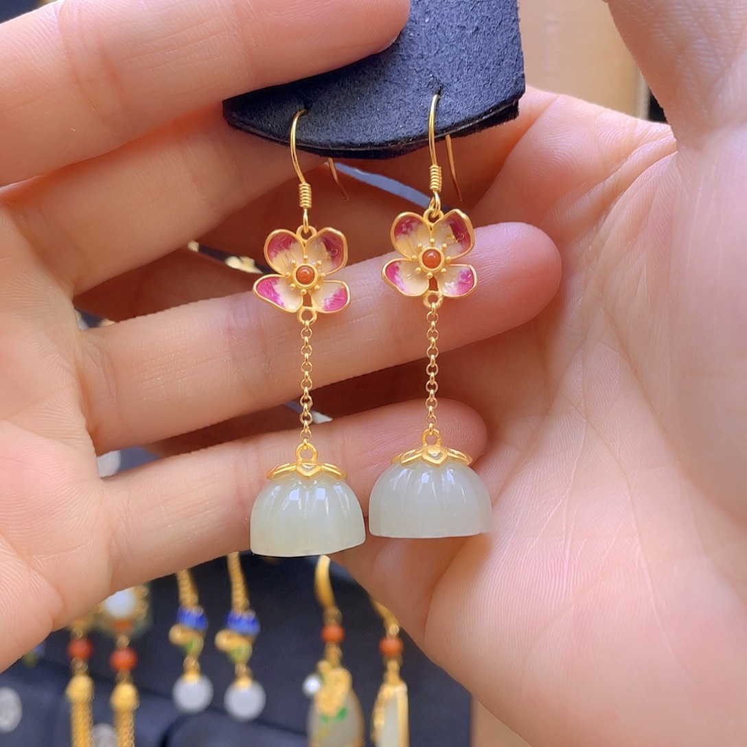 和田玉耳饰银S925镀金镶嵌