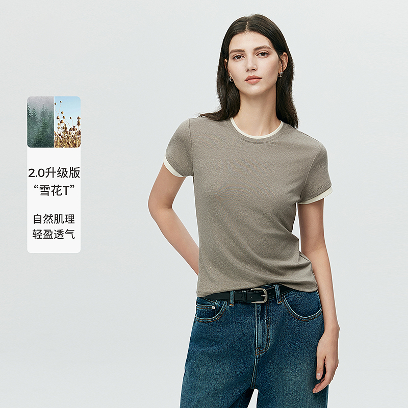 初棉【7.11上新】短袖圆领假两件雪花T恤女士透气简约363601074