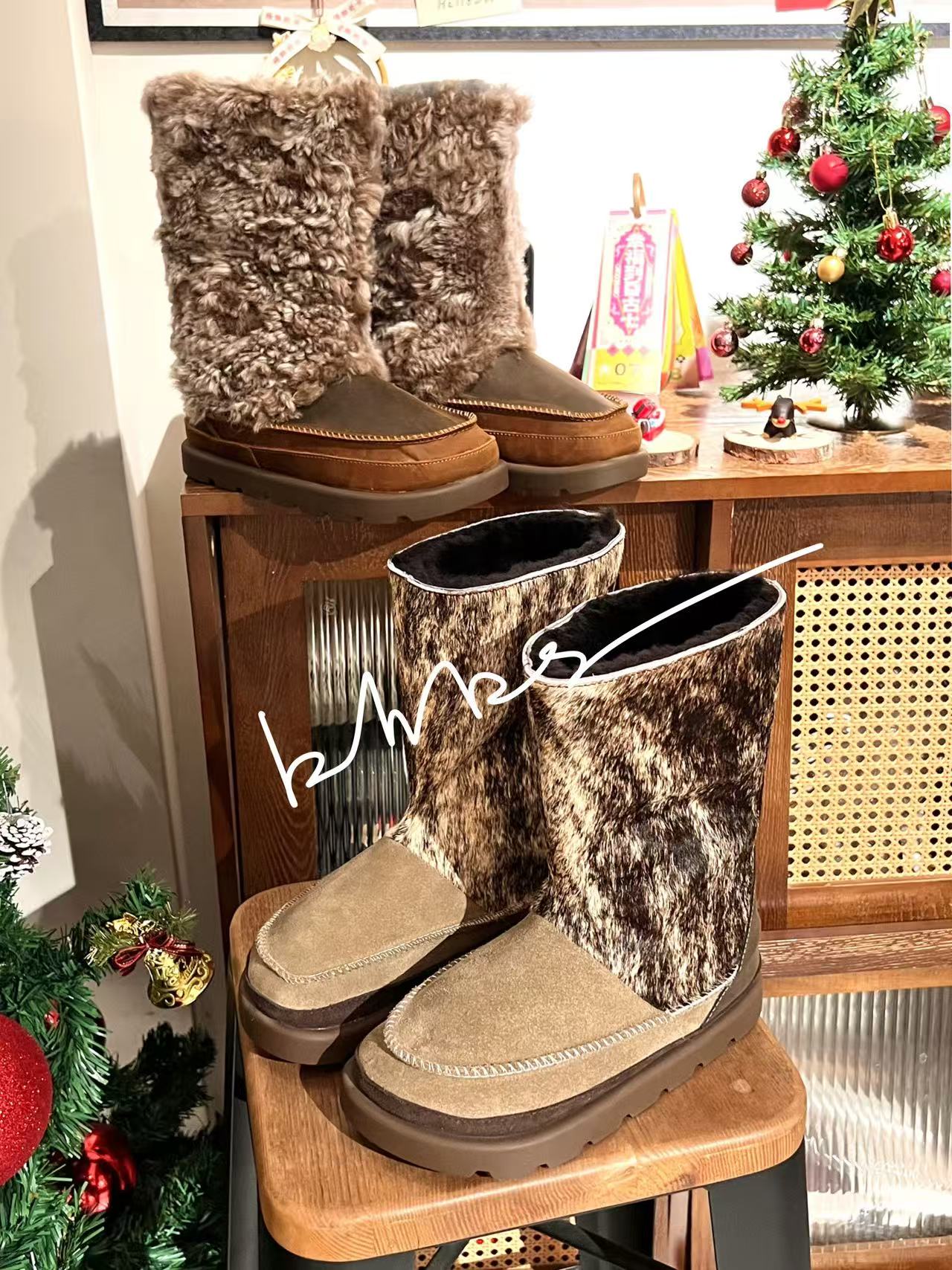 029设计师款结构设计拼接拼色雪地靴羊皮毛一体疯马皮保暖加厚