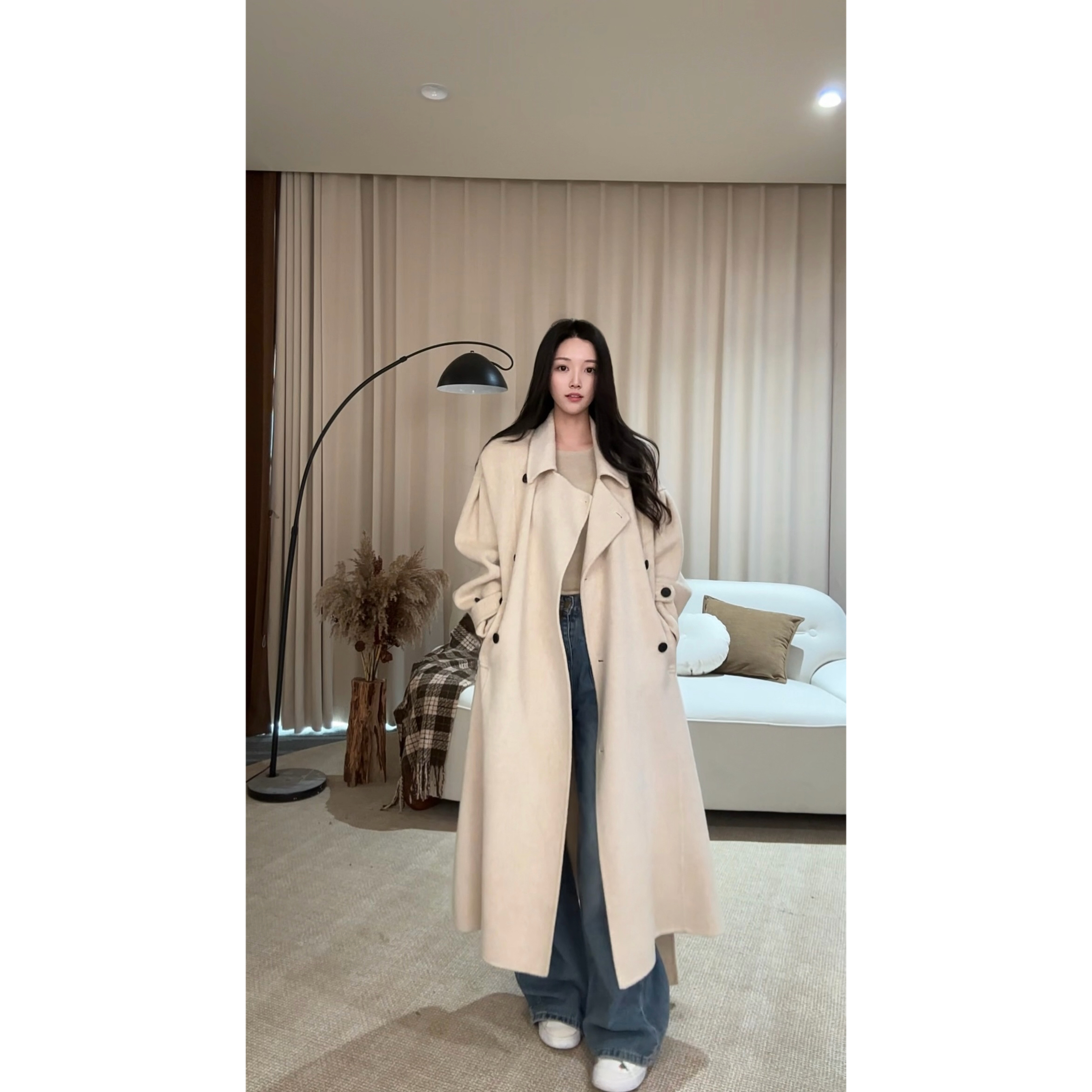 aloehui 冬季新款 双排扣弯刀袖 手缝羊毛大衣