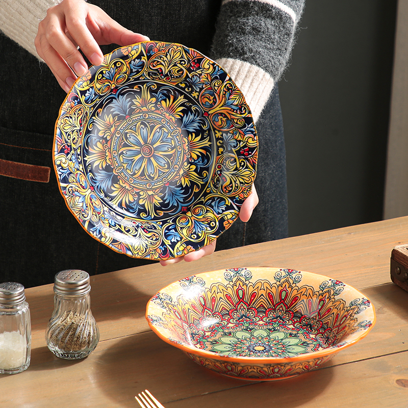 外贸波西米亚新款8.5英寸花边盘釉下彩家用陶瓷餐具