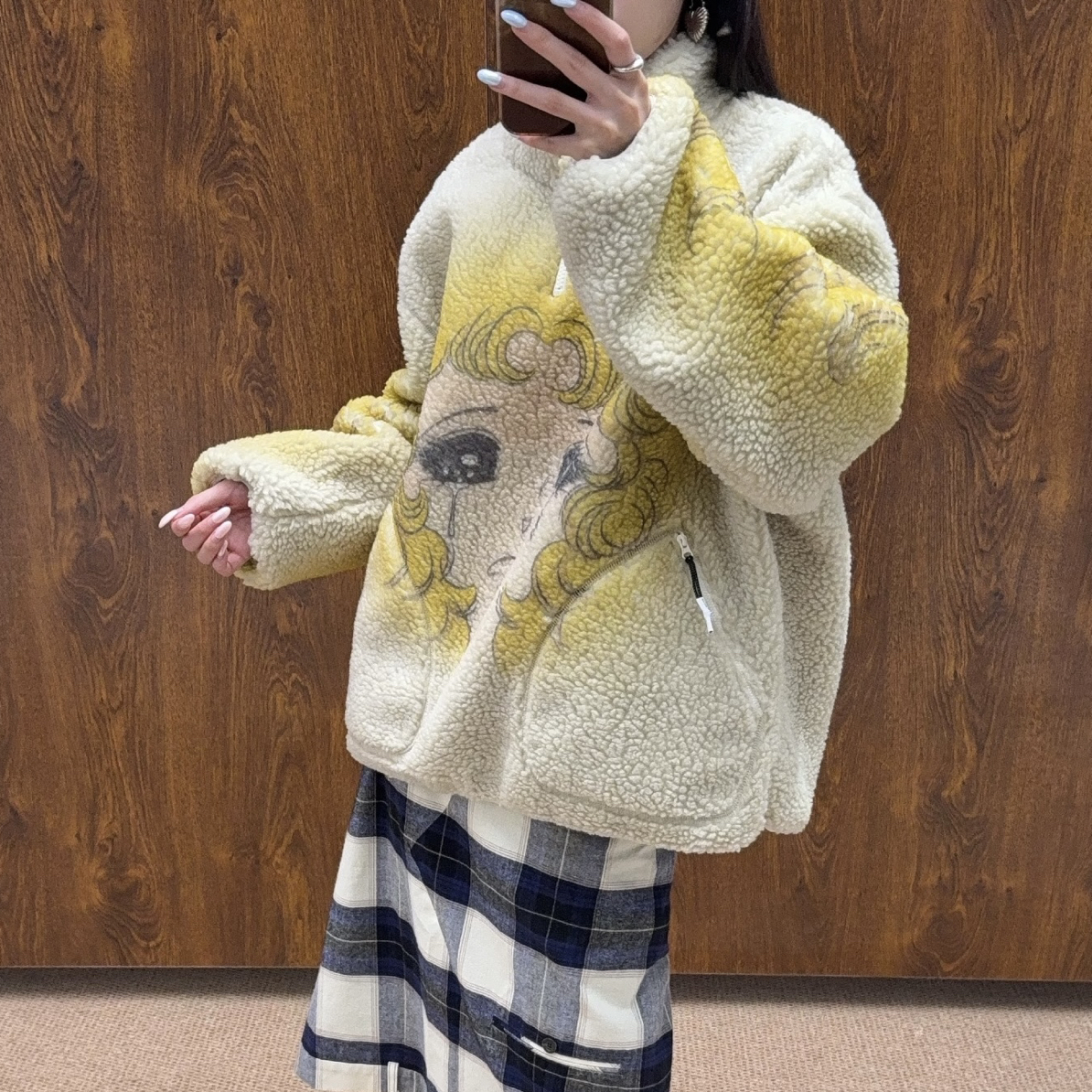 【lunan】哭泣女孩羊羔毛卫衣立领半拉链加厚保暖宽松气质外套