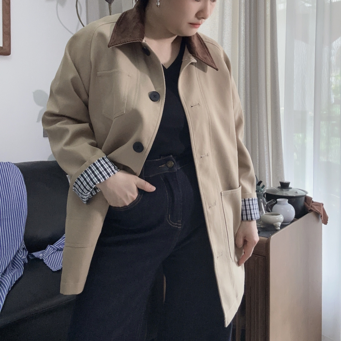 【西西】秋冬款新款中长款女小个子宽松卡其色风衣外套