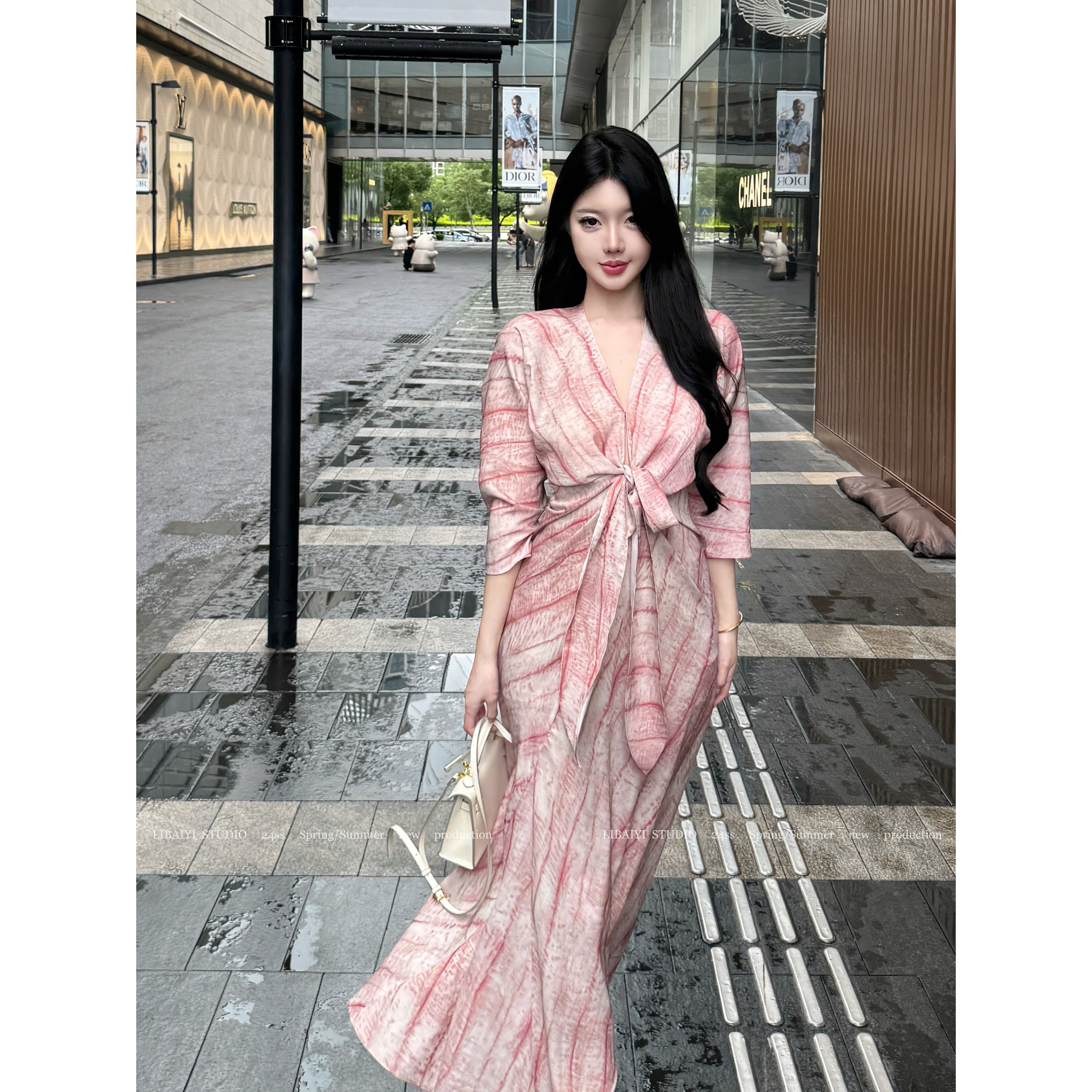 LIBAIYI 美神/设计感仙气绑带V领显瘦七分袖连衣裙 1721