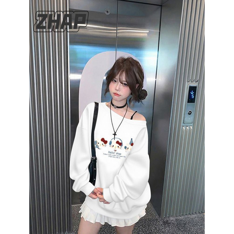 【ZHAP】斜领露肩时尚新款甜酷圆领卫衣女秋季卡通kitty爆款遮肉潮