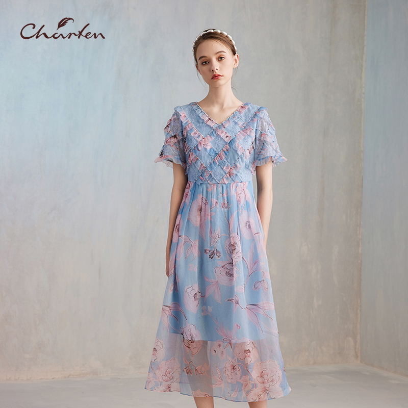 【媛媛专享】朝峰春夏季新款气质显瘦漫落花影连衣裙CFE2G070-0026G