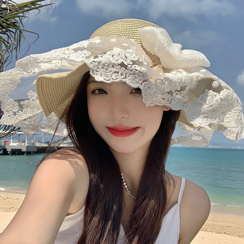 法式蕾丝蝴蝶结草帽女夏季海边大帽檐遮阳防晒帽户外沙滩帽子新款