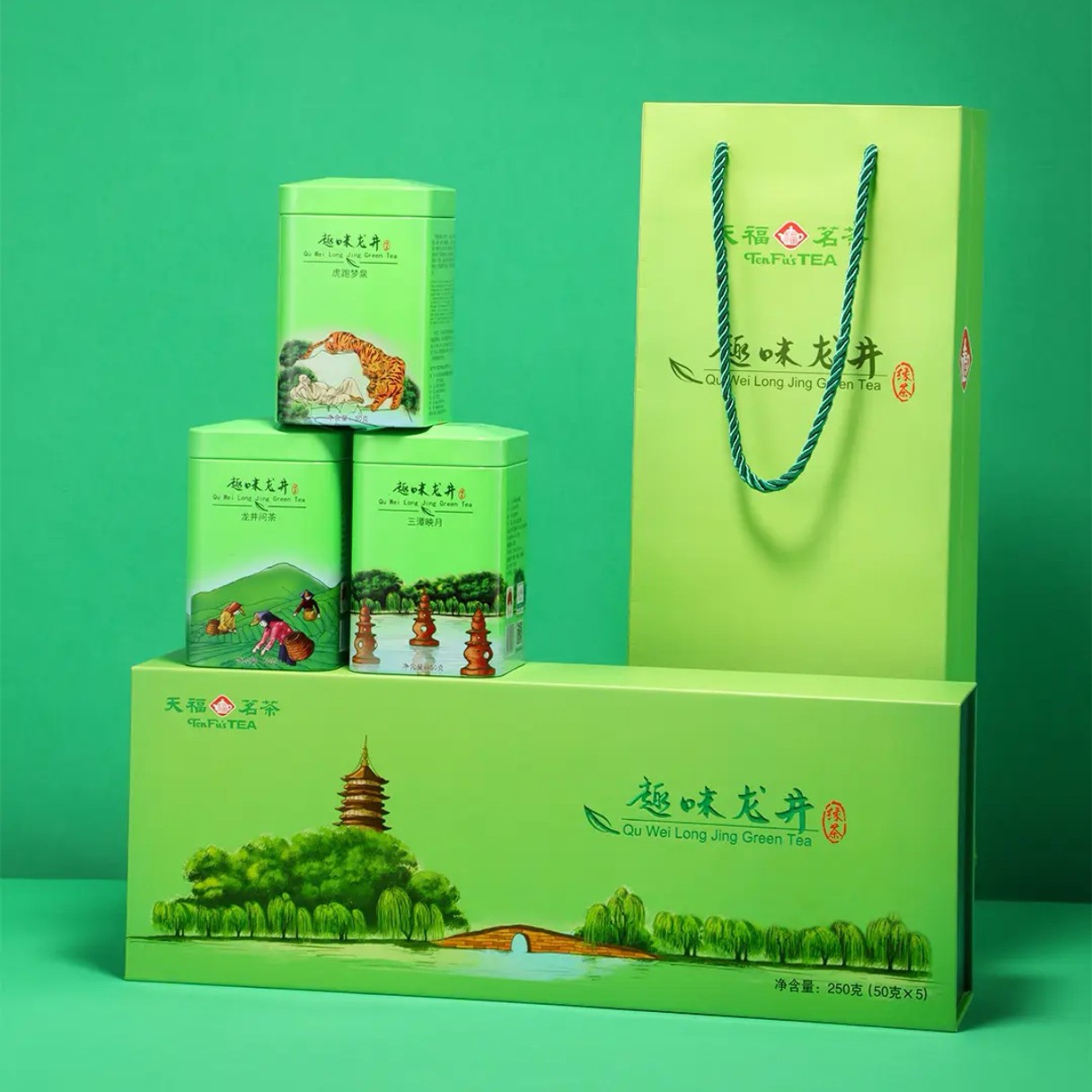 天福茗茶 趣味龙井茶浙江雨前龙井礼盒250克