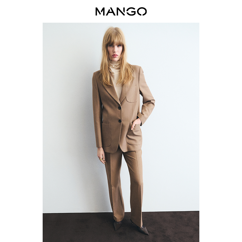 MANGO女装裤子2025秋装新款气质通勤简约羊毛混纺系扣休闲直筒裤