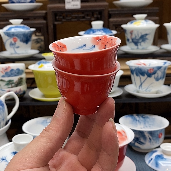 手绘微瑕红色杯子两个出