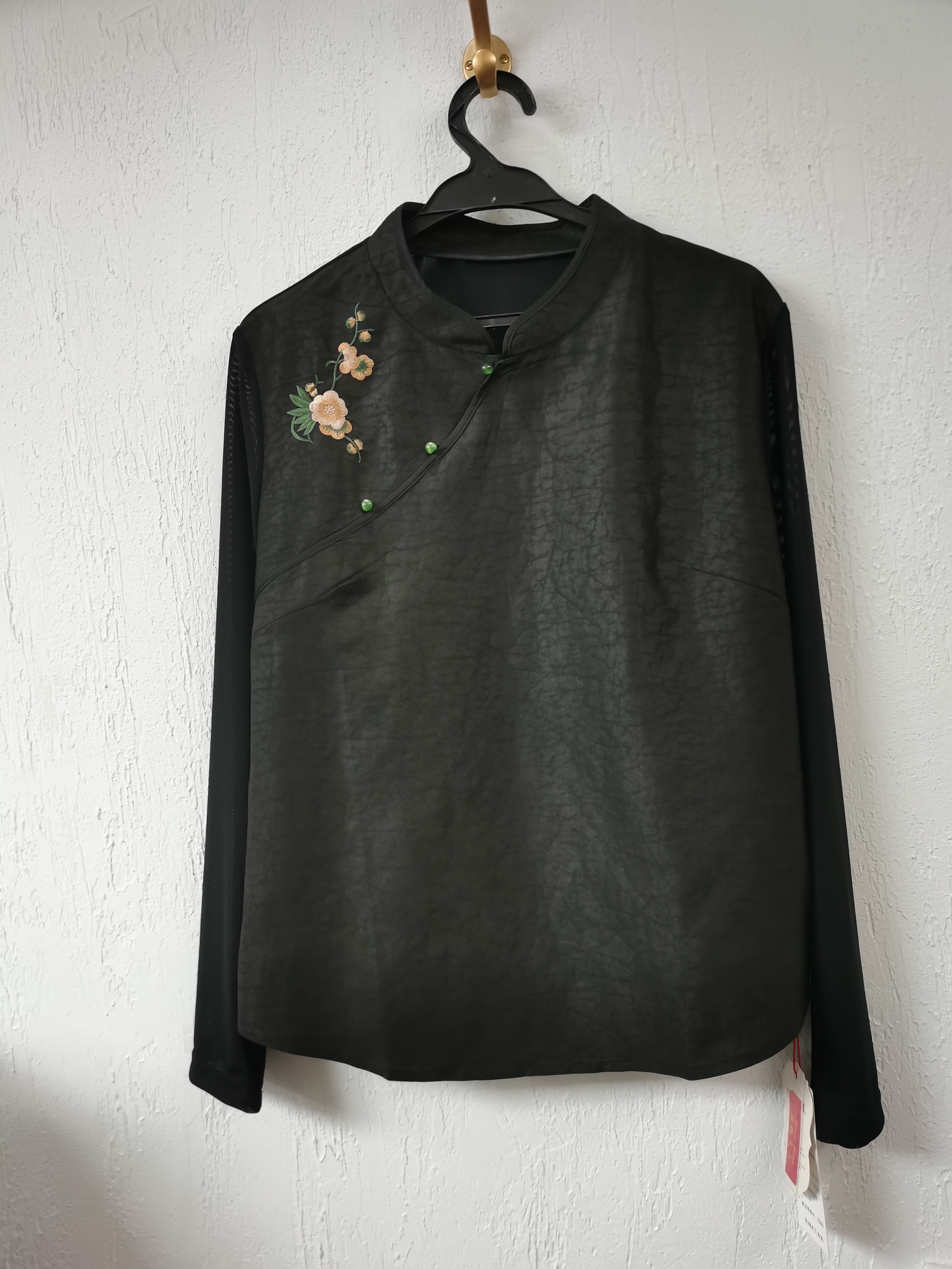 伊美香云纱玫2A675桑蚕丝黑龟纹拼网纱时尚气质款打底衫2025新款