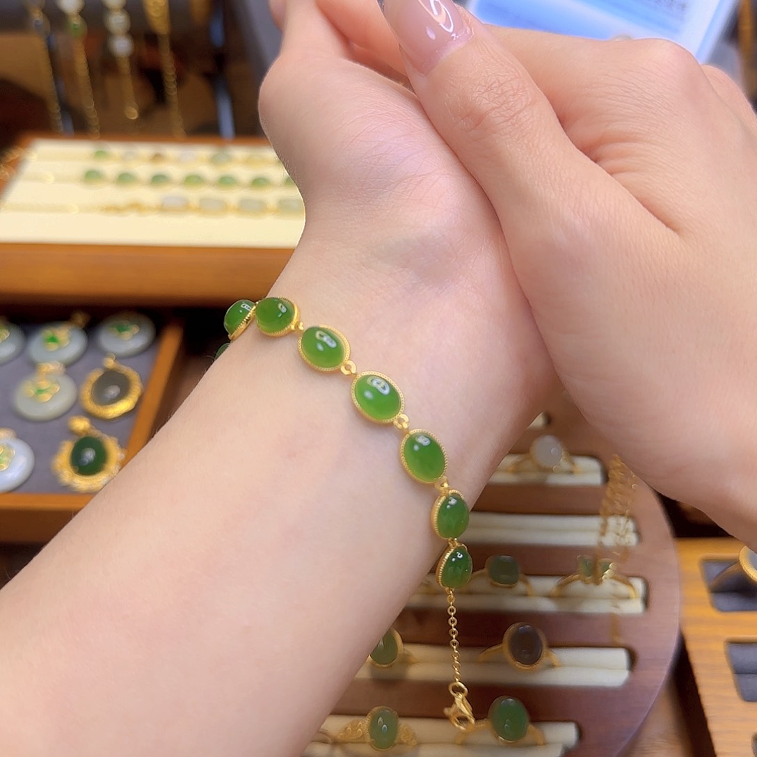 和田玉手链银S925镀金镶嵌