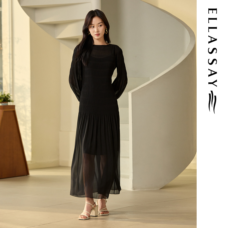 ELLASSAY歌力思2025春夏新款真两件超细压褶连衣裙女EWB363Y00700