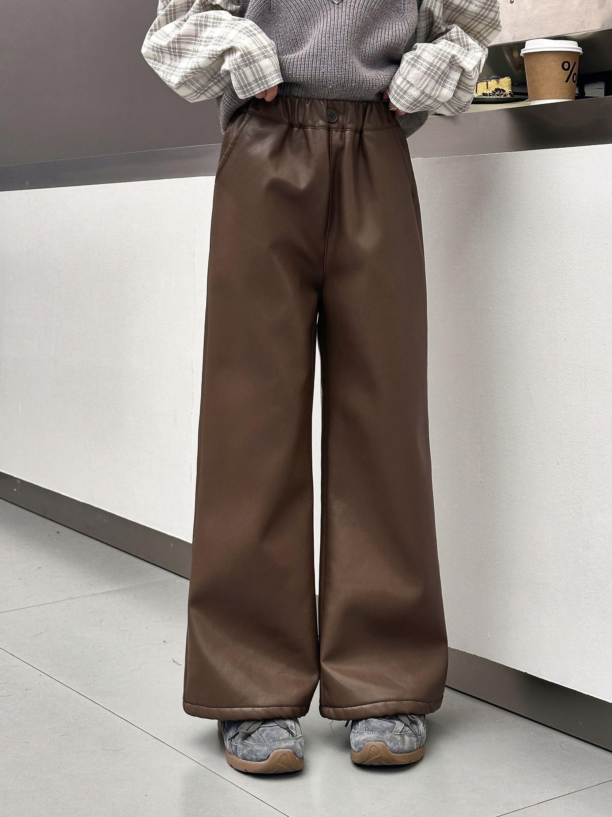 【加绒皮裤】新款儿童冬季宽松防风秋冬直筒复古高腰加绒皮裤休闲裤