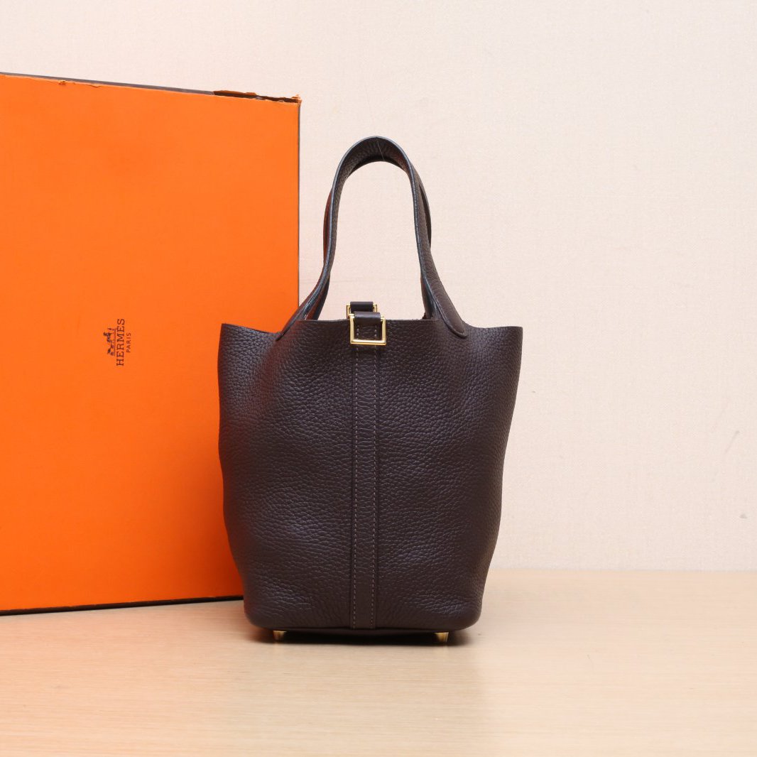 99新 Hermes/爱马仕 小花黑黑 18 菜篮子 46乌木色 Z刻 金扣