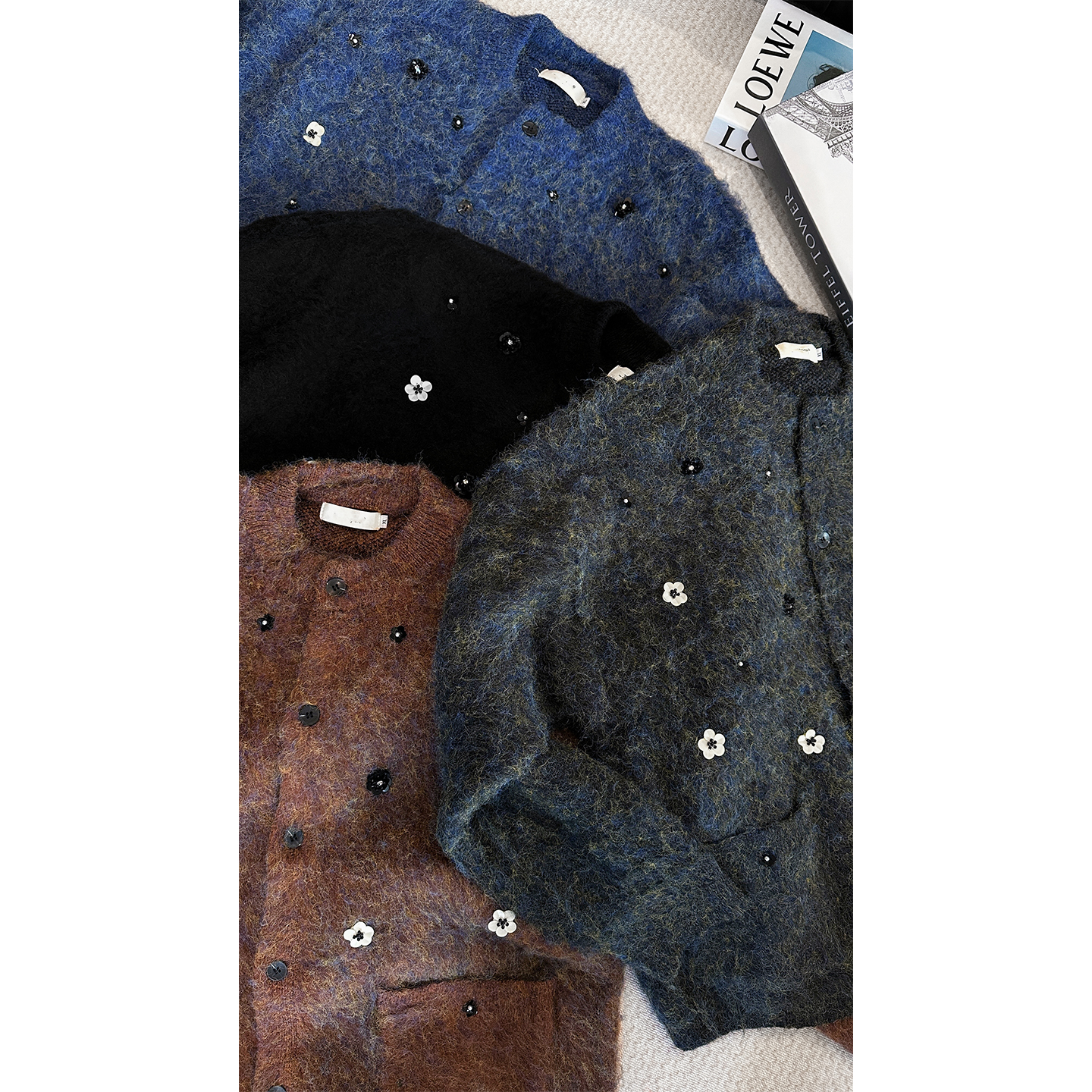 龙叨叨秋季新品高级感手工钉珠小花朵毛衣宽松慵懒宽松针织外套男