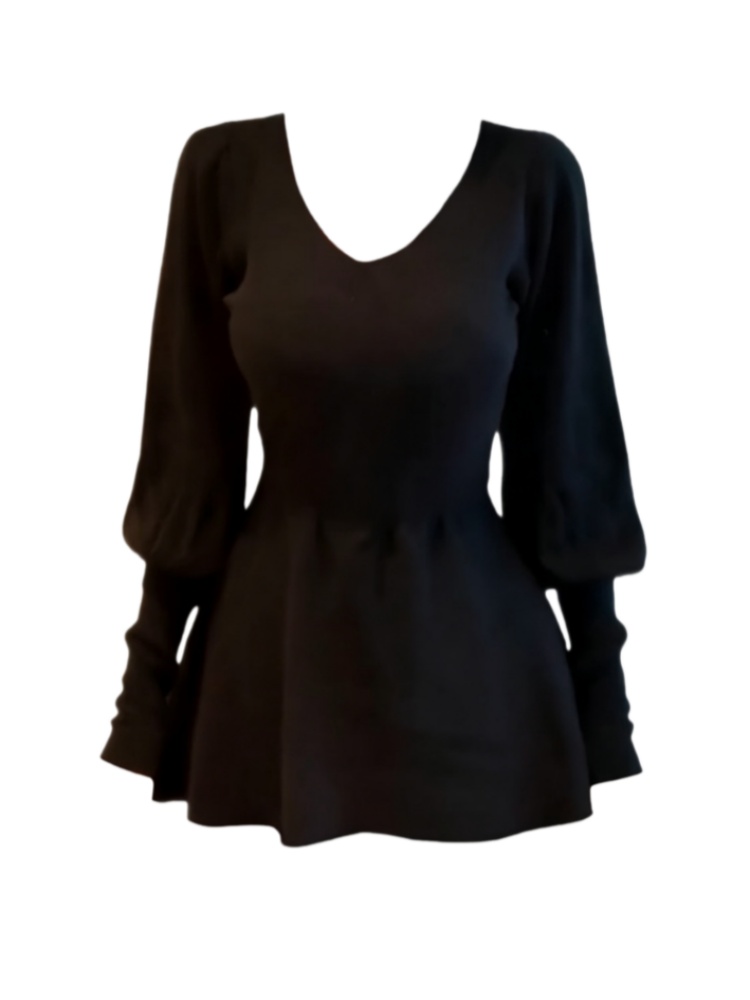 Amy家微胖mm纯欲风半高领灯笼袖v领针织衫女秋冬收腰显瘦打底毛衣