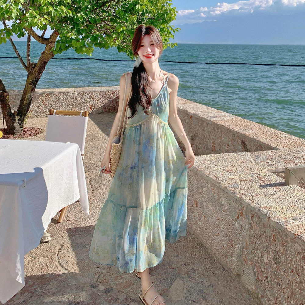 海边度假风晕染印花连衣裙套装女2025夏新款流苏披肩吊带裙两件套