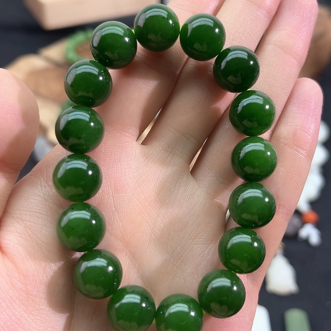 和田玉未镶嵌颈饰?***向碧玉-菠菜绿-13mm手串