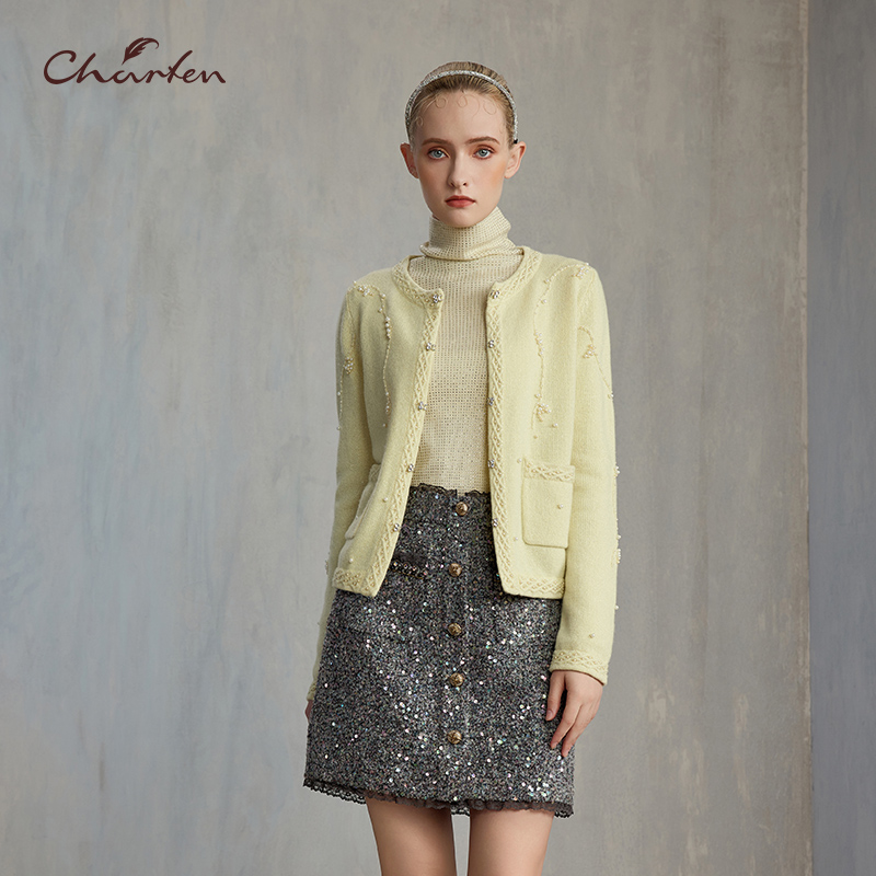 【达人专属】朝峰冬季法式钉珠圆领厚款针织羊绒衫CFE5E813-8022C