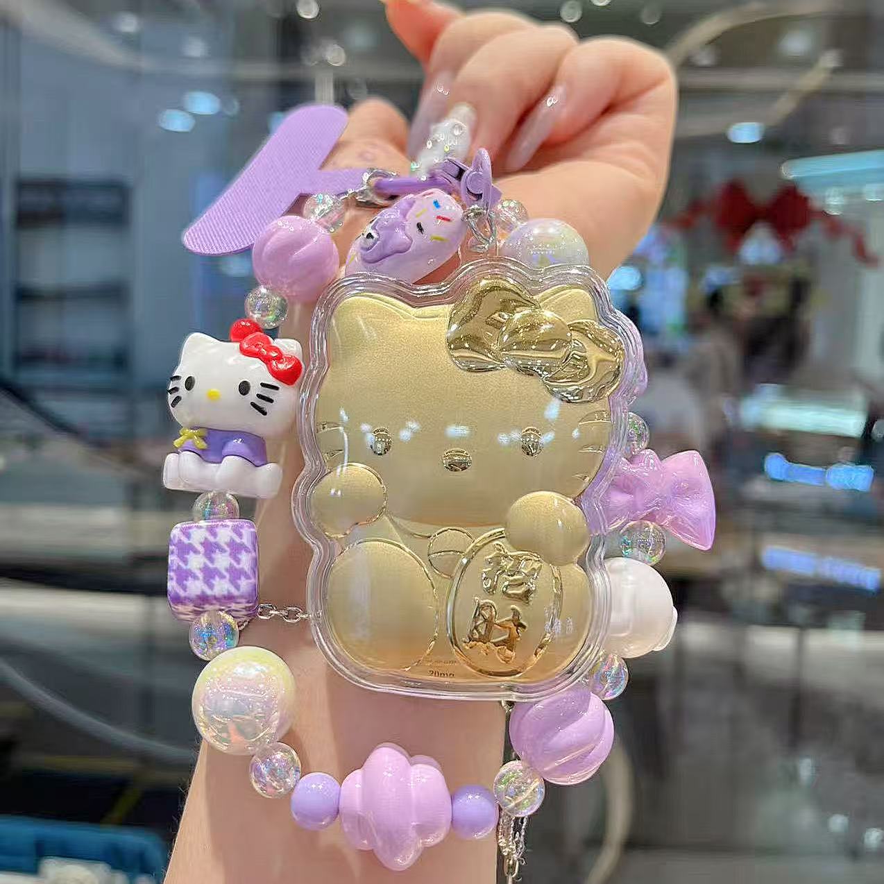 水贝直播【双面有字-招财KT猫】黄金hello kitty挂件手机绳链钥匙扣